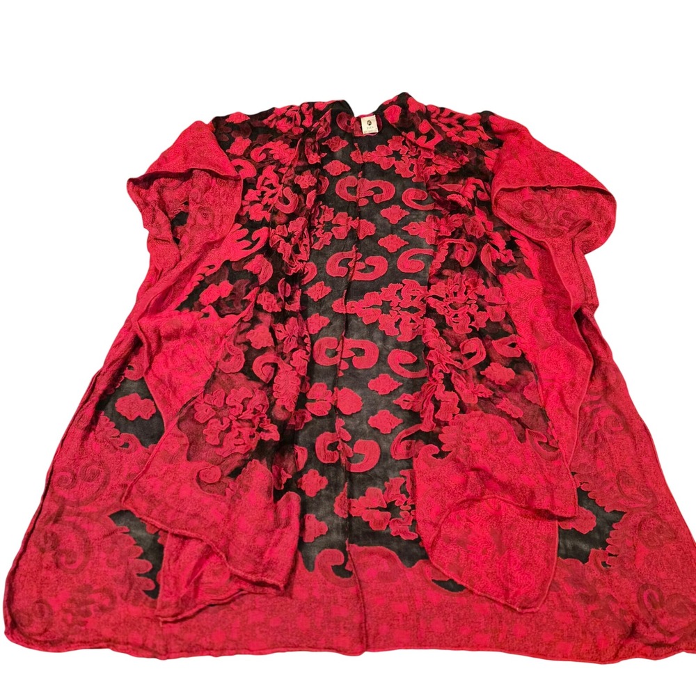 Jessica McClintock Red Black Damask Burnout Sheer Kimono Wrap Open Front OS